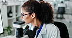 Woman, microscope and analysis sample in lab, examine and virus specimen or vaccine research for healthcare study. Cure development, scientist and record data results, investigation and innovation