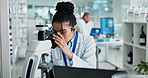 Biochemist, microscope and analysis sample in lab, examine and virus specimen or vaccine research for healthcare study. Cure development, scientist and record data results, investigation and woman