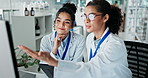 Women, scientist and happy at lab on computer for medical research with teamwork and collaboration. Employees, smile and conversation with online discovery for science, medicine and drug trial 