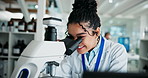 Scientist, microscope and analysis specimen in lab, examine and virus sample or vaccine research for healthcare study. Cure development, scientist and record data results, investigation and woman