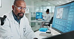 Black man, medical or research in laboratory, laptop and medicine for healthcare study or biotechnology. Biology, testing or scientist typing for antiaging cure, life extension breakthrough or dna