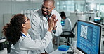 Science, collaboration and high five with computer in laboratory for test breakthrough, biotech review and excited. Scientist, teamwork or mentor for research success, talking or digital analysis