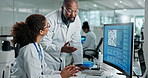 Scientist, woman and man on computer screen in lab for research, vaccine medicine or experiment support of innovation. Team, people and pc for conversation, information and pharmaceutical development