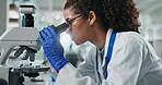 Woman, research and microscope in laboratory, profile and medical for healthcare study or biotechnology. Equipment, scientist person and science in gene therapy repair, breakthrough and dna testing
