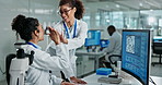 Science, teamwork and high five with computer in laboratory for test breakthrough, biotech review and excited. Scientist, collaboration or women for research success, talking or digital analysis