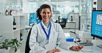 Portrait, science and happy woman on computer for research, chemistry and biotechnology. Face, data scientist and doctor with analysis, pharma and typing medical info for healthcare innovation in lab