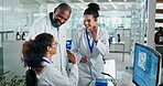 People, scientist and high five on computer in lab for investigation success, celebration and innovation discovery. Smile, team and pc notification of medical research, experiment funding and cure