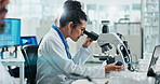 Woman, lab or microscope for science research or clinical investigation, innovation in healthcare. Female scientist, wellness study and digital technology, check on particles or medical test for drug