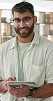 Teacher, tablet and man with glasses, smile and ready for lesson in classroom and middle school. Online, vision and portrait of proud educator, knowledge and research for project or assignment