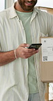 Happy man, phone and box with delivery for logistics, supply chain or order of online purchase at warehouse. Closeup of male person, employee or courier with smile on mobile smartphone for package