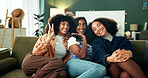 Women, friends or happy on sofa for portrait, solidarity or sisterhood in living room. Gen z girls, art students or peace sign on couch for bonding, creativity or relaxation in lounge for photography