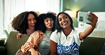 Group, friends and women on sofa with selfie for weekend bonding, happiness and kiss for memory. Female people, living room and profile picture for social media or network, smile for face photography