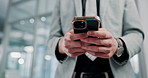 Cellphone, typing and hands in office, person and employee on calendar, planning or schedule of meeting. Business, professional and closeup of notification, online or payment in morning or accountant