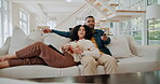 Black couple, popcorn and remote for streaming in home, subscription and film snack for television. People, couch date and choosing entertainment in lounge, hug and relax on sofa together for talking