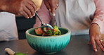 Cooking, bowl and hands of couple with salad in house kitchen for cutting, meal prep and nutrition. Healthy diet ingredients, food and people mixing with spoons for vegan dinner, lunch and brunch