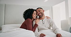 Happy, hug and love with couple in bed of home together for morning bonding, relax or romance. Break, marriage or trust with smile of man and woman embracing in bedroom of apartment for relationship