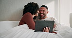 Tablet, couple and laughing together in bed for social media meme, relationship trust and streaming comedy movies in home. Love, happy man and woman with tech for funny gif, bonding and online joke