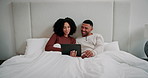 Tablet, couple and relax together in bed for relationship trust, wellness and streaming movies in home. Love, happy man and woman with tech on mattress for bonding, online series and lazy morning