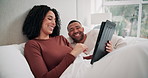 Happy couple, house and tablet for social media post or streaming, online or subscription service. People, smile or together in bedroom with ebook for meme download, relax with digital technology