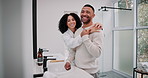 Bathroom, couple and portrait with love in home, wellness and support with hugging in relationship. Happy people, woman and man for morning routine, grooming and bonding together in modern house