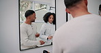 Mirror, toothpaste and couple in bathroom for oral hygiene, wellness or morning routine. Home, cleaning and happy man with woman in reflection for fresh breath, healthy mouth or brushing teeth