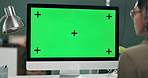 Green screen, computer and woman on desk, back and communication for schedule, project and deadline. Employee, online and internet with connection, digital and person in business and copywriting