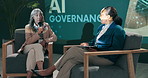 Conference, business women and speaker with question talk or speech at startup on stage with host. Guest, technology and event at seminar for presentation on ai governance, policy or risk management