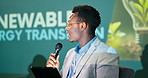 Black man, seminar and corporate event for renewable transportation solutions for future. Presenter, eco friendly and convention discussion for clean energy transport ideas for carbon footprint