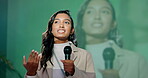 Business woman, stage and speaker at convention for speech, discussion and networking opportunity in industry. Presenter, talking and public speaking for conference, audience and international guests