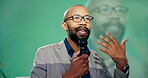 Black man, mic and speaker at convention for speech, discussion and networking opportunity in industry. Presenter,   talking and public speaking for conference, human rights and international guests