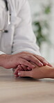 Patient, doctor and holding hands for support in hospital with medical results, consulting and treatment solution. People, empathy and helping services, surgery and advice for healthcare wellness
