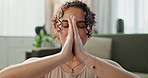 Woman, namaste and peace for spiritual fitness in home, meditation and healing for mental health. Female person, zen and breathing to relax chakra energy, calm and mindfulness for harmony or prayer