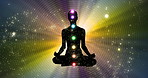 Silhouette, calm and chakra meditation with magic for energy points, spiritual wellness and mindfulness for peace. Person, lotus pos and neon aura for balance or reiki, mantra and holistic health.
