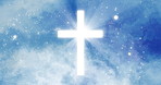 Outdoor, light and cross in blue sky for religion, christian faith and worship for Jesus christ, god and the holy spirit. Glitter, background and symbol for belief, praise and christianity for lord