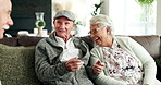 Couch, laughing and elderly friends in conversation in living room together for speaking, funny joke or bonding. Nursing home, smile and happy senior people in discussion or talking to relax on sofa