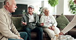 Couch, old man and elderly friends in conversation in living room together for speaking, diversity and bonding. Nursing home, retirement and senior people in discussion and talking to relax on sofa