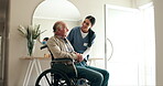 Nurse, senior man and wheelchair with help, elderly care and wellness for health in nursing home. Pensioner, person with a disability and assistance by caregiver in recovery at rehabilitation clinic
