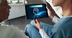 Woman, senior person and tablet for Dementia, age related illness and cognitive exercise on app. Nurse, elderly care and memory test as caregiver in home for health, wellness or therapy in retirement