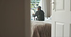 Bed, thinking and elderly man with walking stick by window for reflection, mindfulness or past memory. Home, door and cane of person with disability for rehabilitation, support or planning retirement