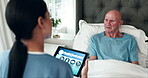 Senior person, tablet and nurse with telehealth, app and check up for retirement, pensioner or wellness. Elderly man, medic and caregiver support in Alzheimers care at nursing home for rehabilitation