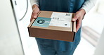 Package, hands and nurse with delivery, medical or parcel for medicare, box and shipping. Closeup, professional or employee with cardboard, logistics or first aid with friendly service and person