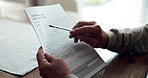 Person, hands and registration form in nursing home for agreement and consent approval. Senior patient, pensioner and contract or paperwork with information, rules and application for accommodation