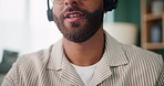 Customer service, man or mouth with headset in call center for consulting, help or online advice in closeup. Talking, CRM consultant or agent with microphone for telemarketing or sales communication