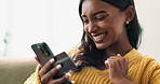 Happy, phone and excited woman on sofa with credit card for ecommerce payment, sale or loan success at home. Smartphone, sign up or gen z person in with winner fist for competition, prize or giveaway