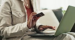 Credit card, laptop and hands for online purchase, sofa and living room of home for payment. Fintech, money and internet banking for university fund and financing, female person or debt for education