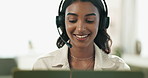 Office, business woman and microphone for video call, share information and discussion in virtual meeting. Laptop, connection and female consultant for online training, crm questions and advice
