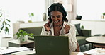 Office, business woman and laptop for celebration, achievement and corporate promotion on video call. Workspace, female agent and computer for good news, applause and mic to listen for announcement