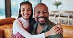 Love, face and father and daughter hug on sofa with care, trust and support while bonding in their home together. Happy family, portrait and girl embrace dad in living room with safety and gratitude