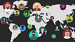 Illustration, global networking and diversity for connection with modern tech, communication and information. Economy, worldwide map and animation people, population and location domain of satellite