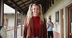 Portrait, student and woman in school corridor, education and learning on campus. Knowledge, project and female person with backpack, smile and college for academic for information in academy